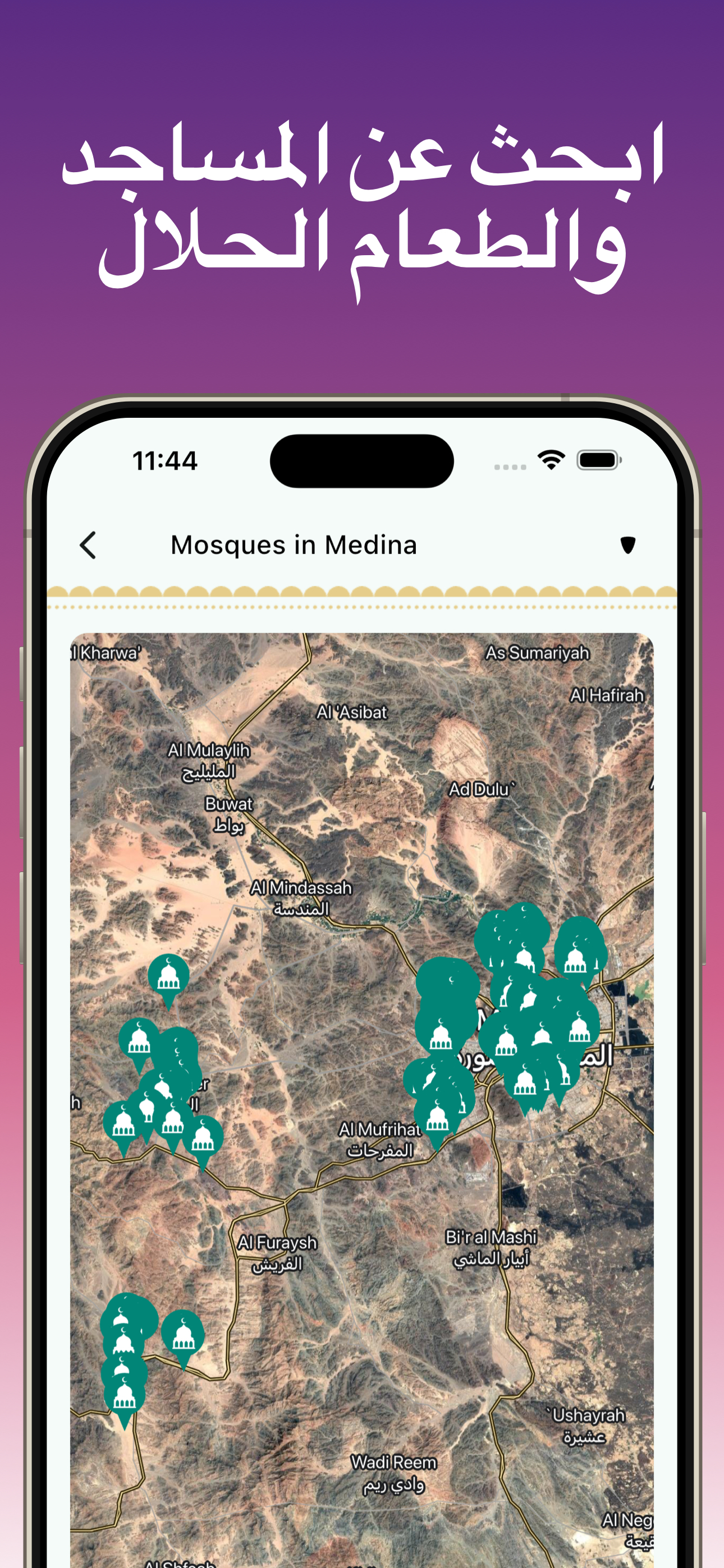 Muslim Expert mosque and halal restaurant finder map showing mosques near Medina