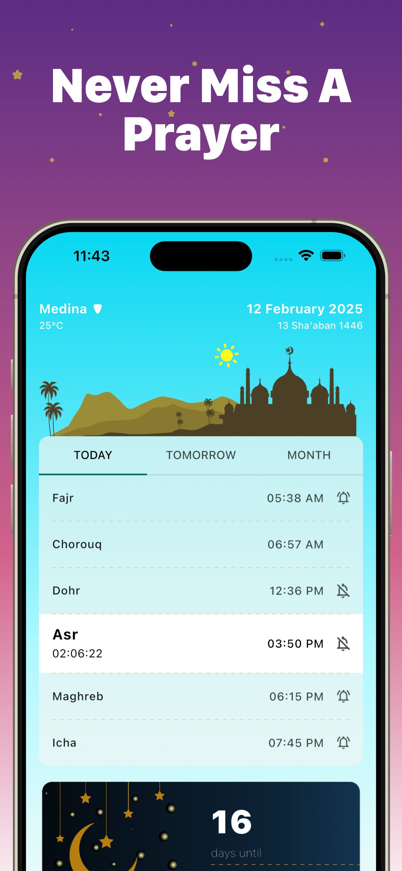 Muslim Expert prayer times screen showing Fajr, Chorouq, Dohr, Asr, Maghreb and Icha in Medina