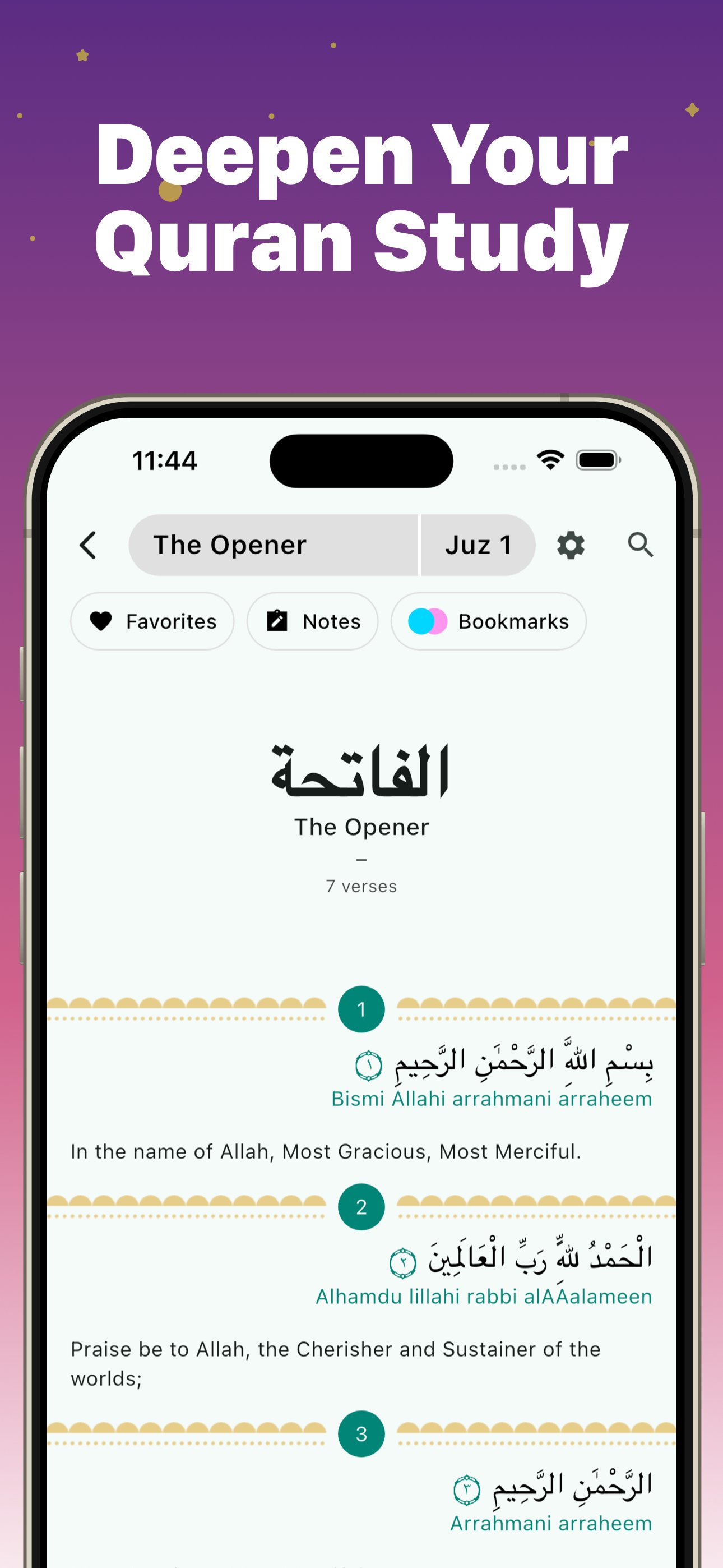 Muslim Expert Quran reader showing Al-Fatiha (The Opener) with Arabic text, transliteration and translation