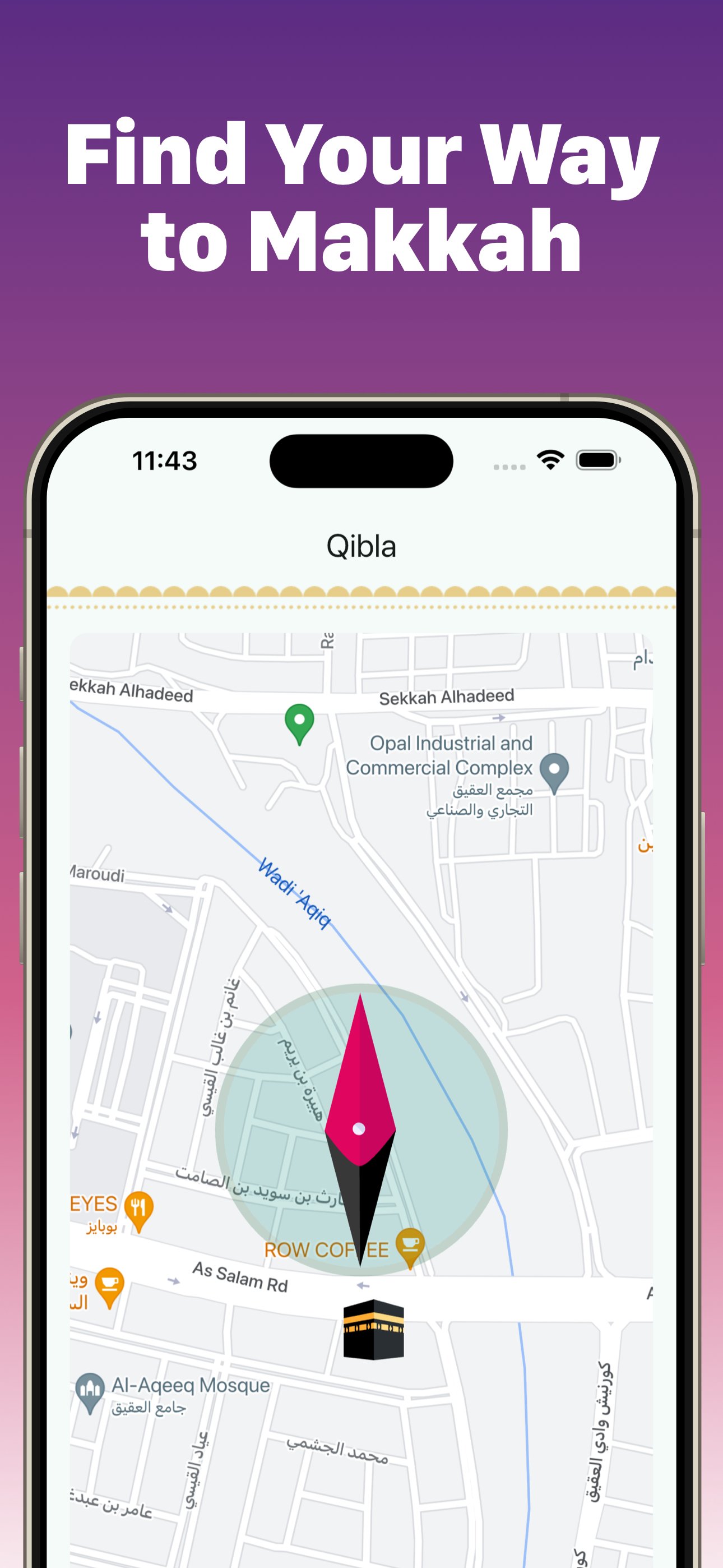 Muslim Expert Qibla compass map showing direction to Mecca (Kaaba)