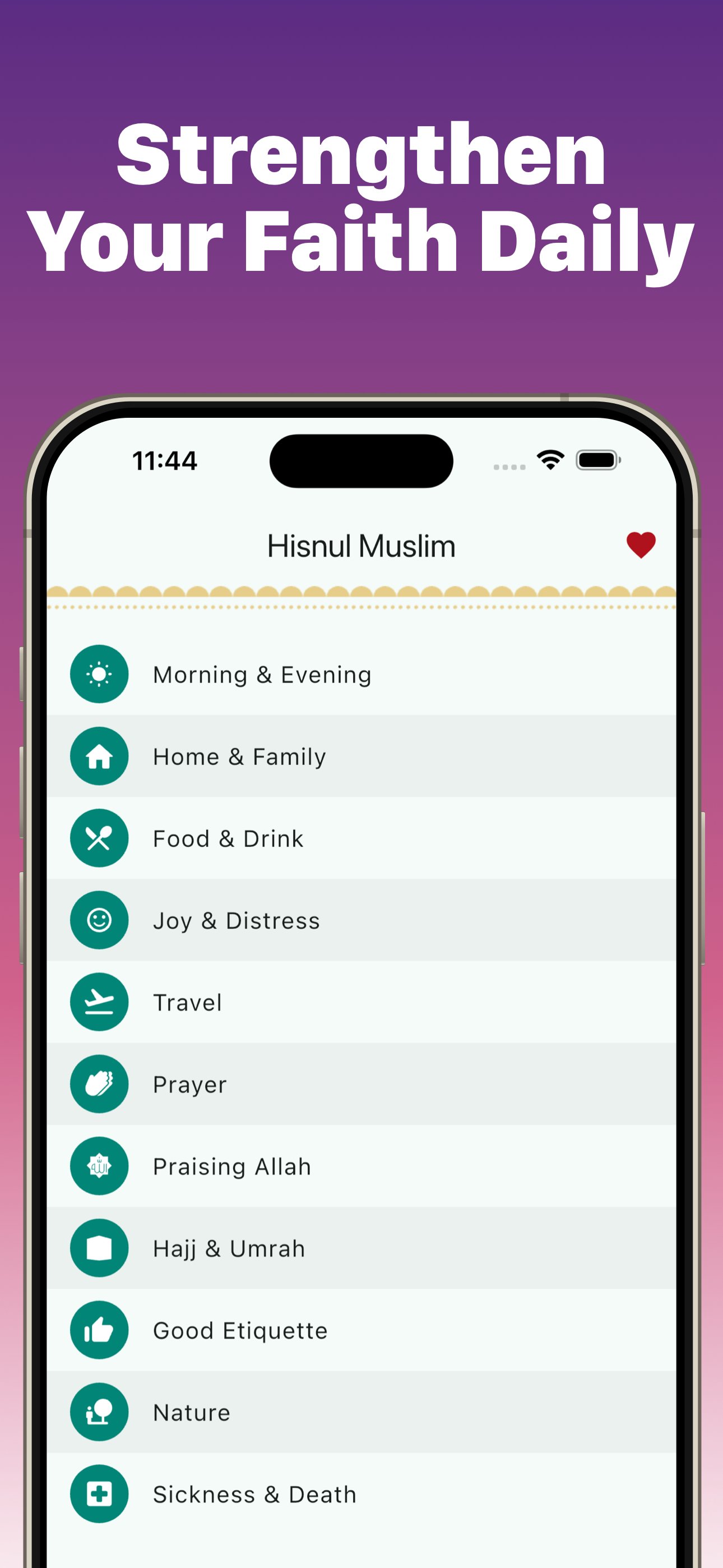 Muslim Expert Hisnul Muslim supplications app with categories: Morning & Evening, Prayer, Hajj & Umrah and more
