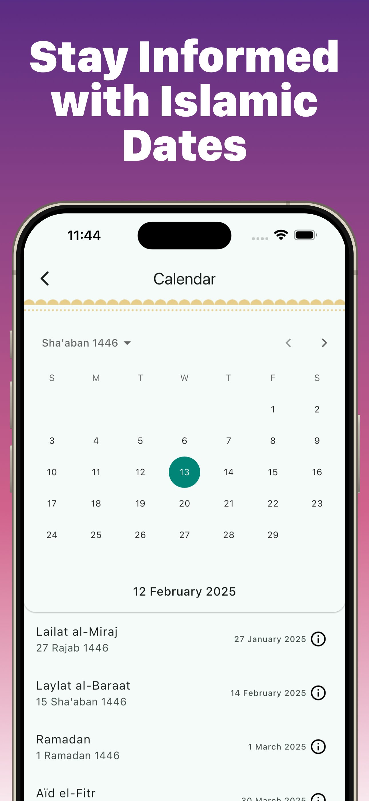 Muslim Expert Islamic Hijri calendar showing Sha'ban 1446 with upcoming events: Laylat al-Miraj, Ramadan, Eid al-Fitr