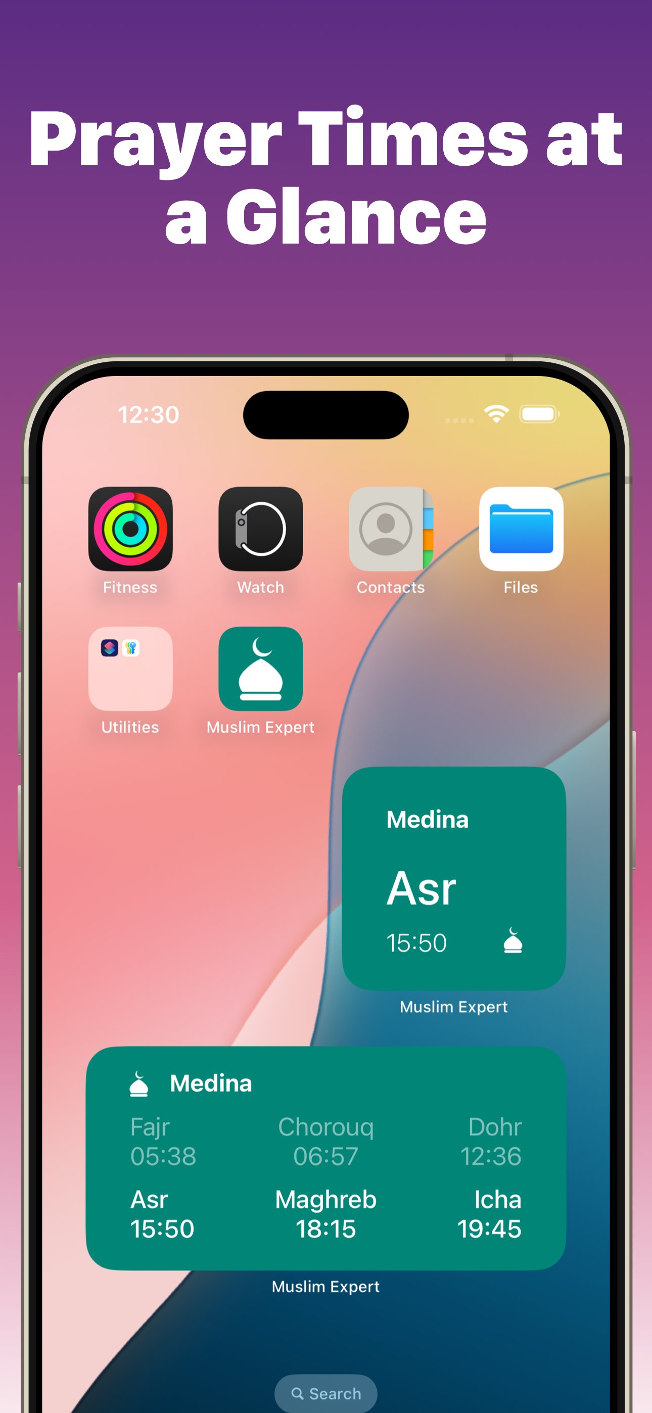 Muslim Expert iOS home screen widgets showing prayer times at a glance — Asr at 15:50 in Medina