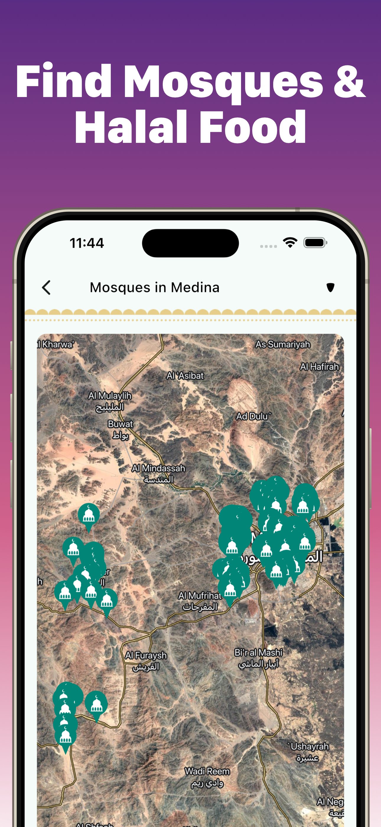 Muslim Expert mosque and halal restaurant finder map showing mosques near Medina