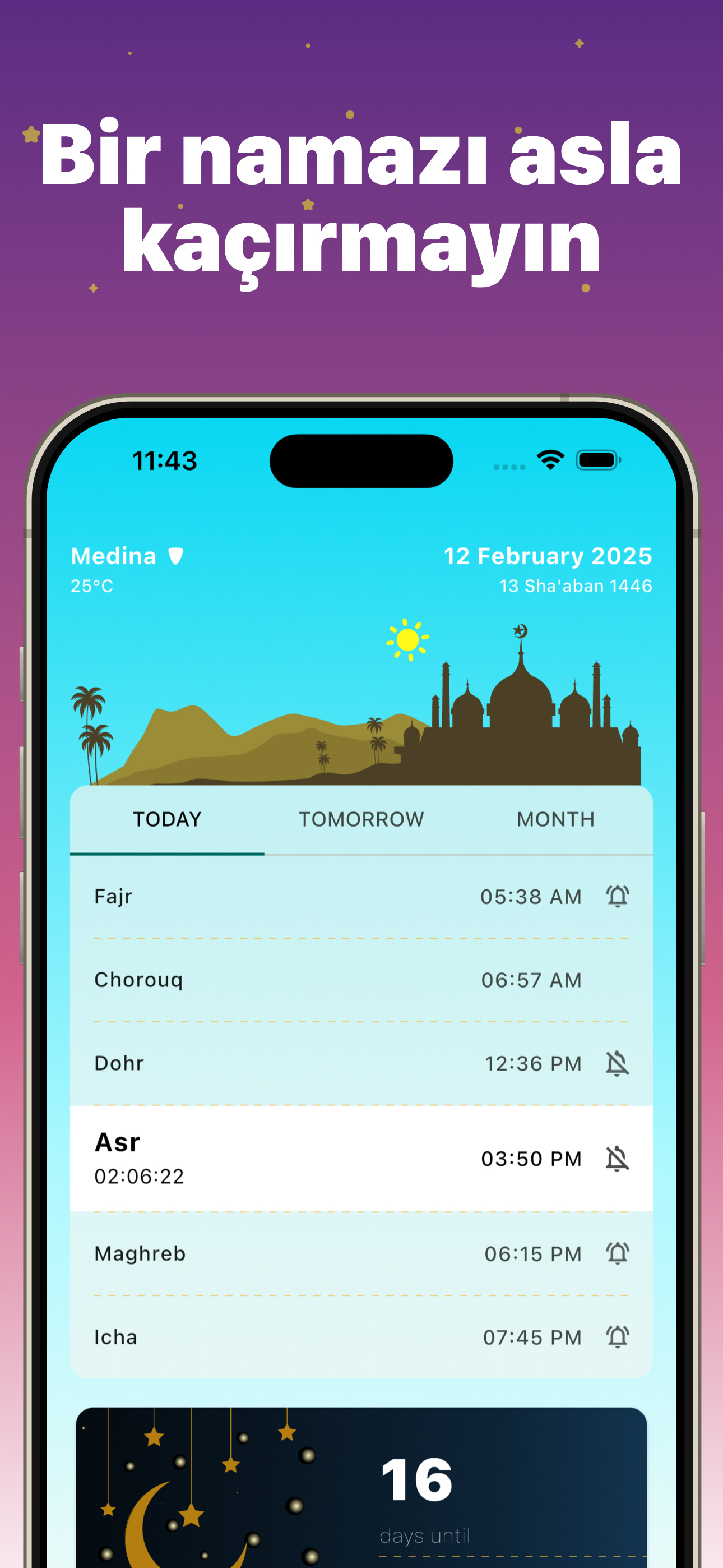 Muslim Expert prayer times screen showing Fajr, Chorouq, Dohr, Asr, Maghreb and Icha in Medina