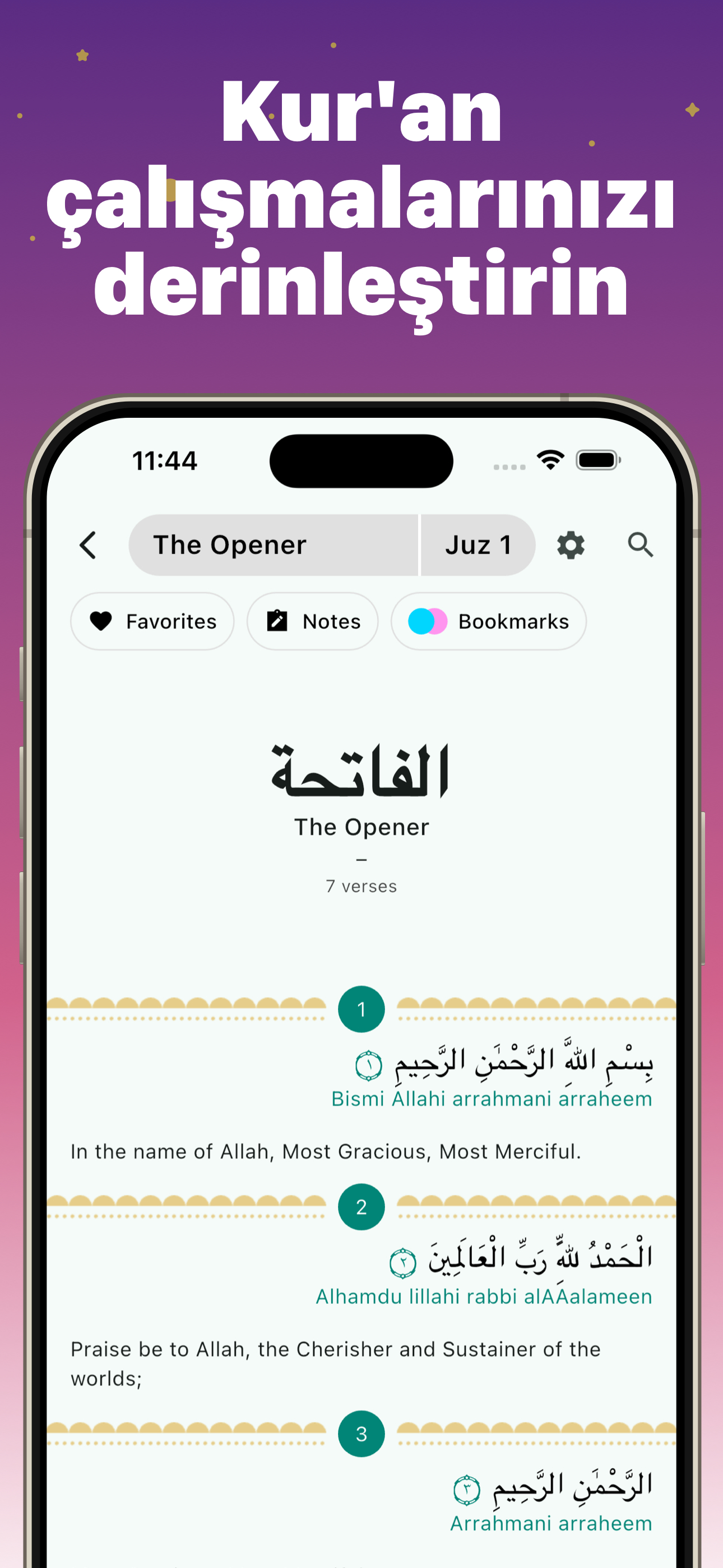Muslim Expert Quran reader showing Al-Fatiha (The Opener) with Arabic text, transliteration and translation