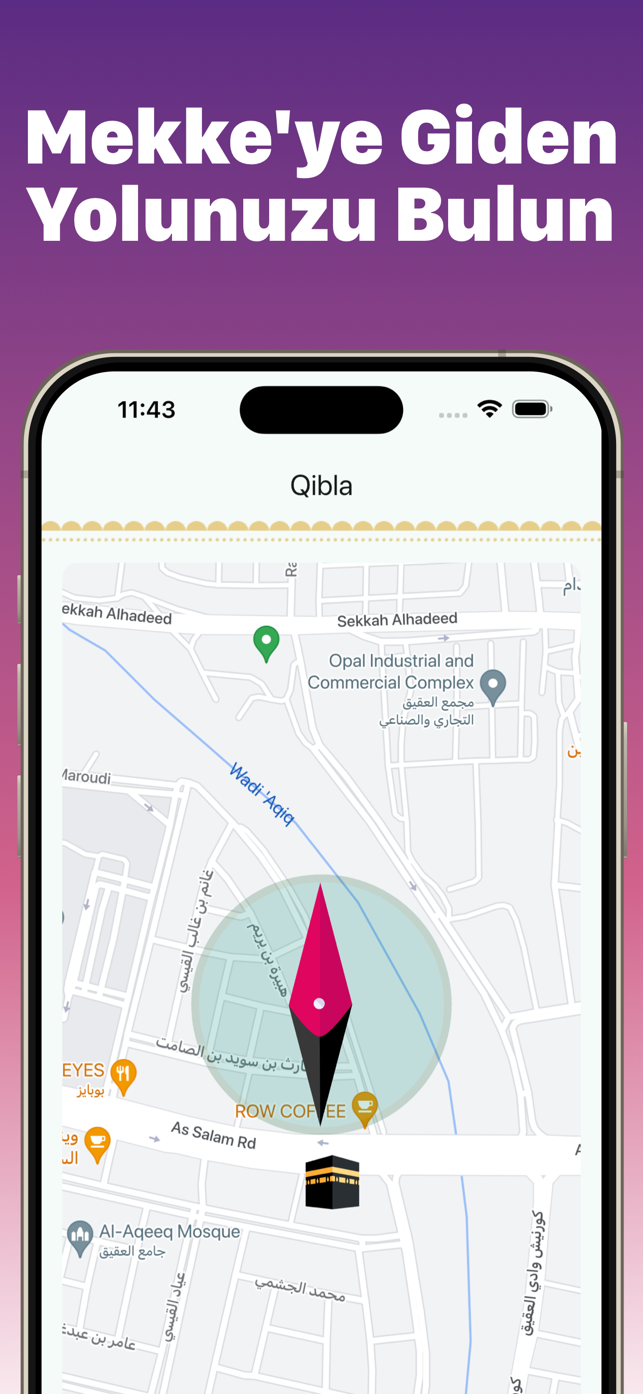 Muslim Expert Qibla compass map showing direction to Mecca (Kaaba)