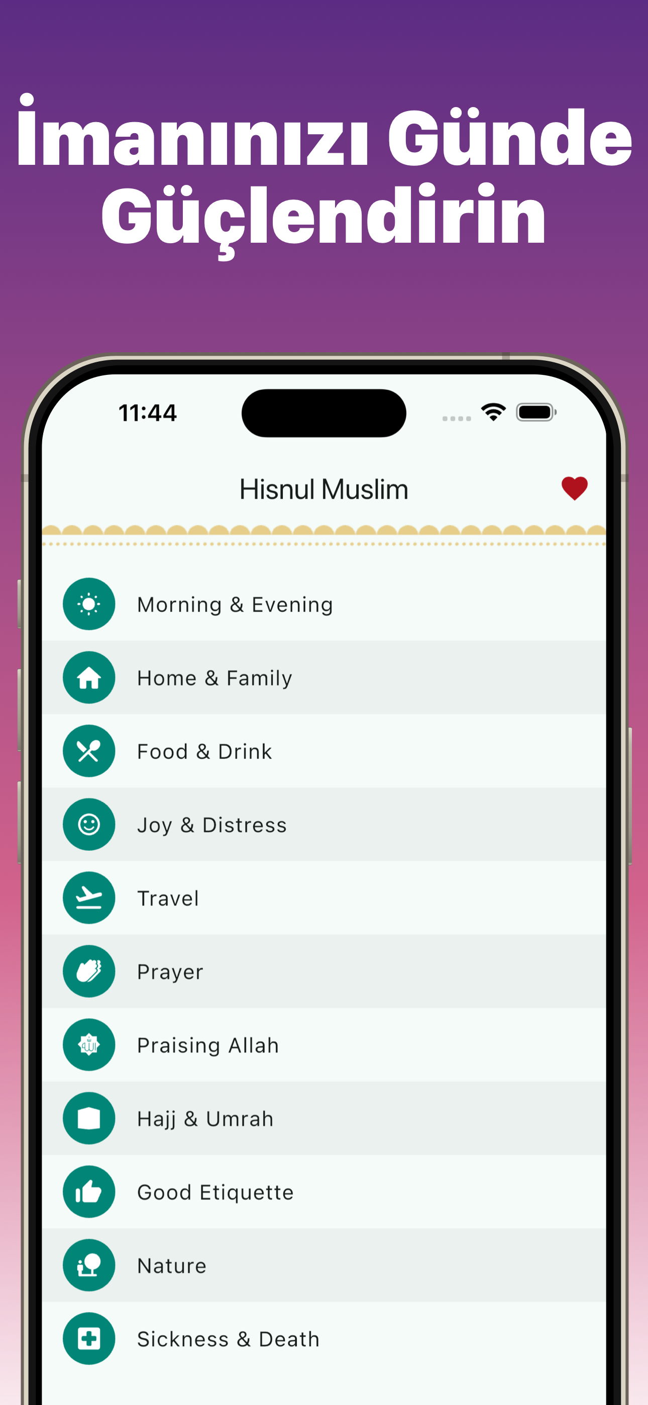 Muslim Expert Hisnul Muslim supplications app with categories: Morning & Evening, Prayer, Hajj & Umrah and more