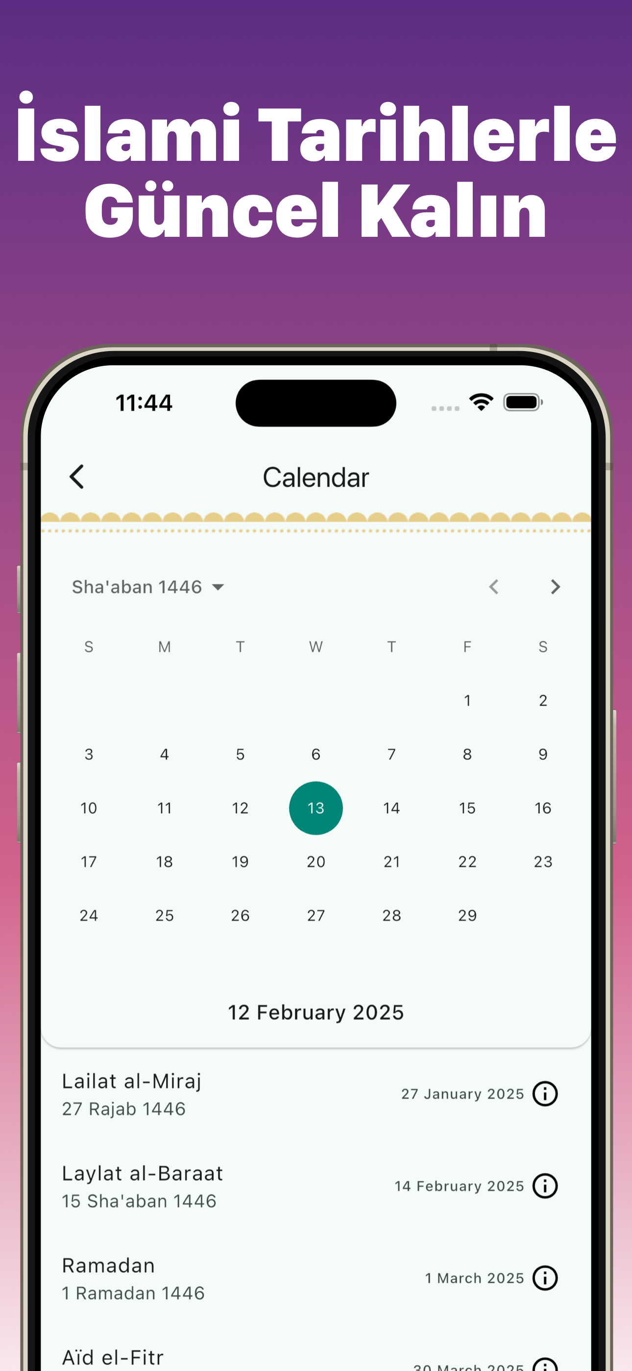 Muslim Expert Islamic Hijri calendar showing Sha'ban 1446 with upcoming events: Laylat al-Miraj, Ramadan, Eid al-Fitr