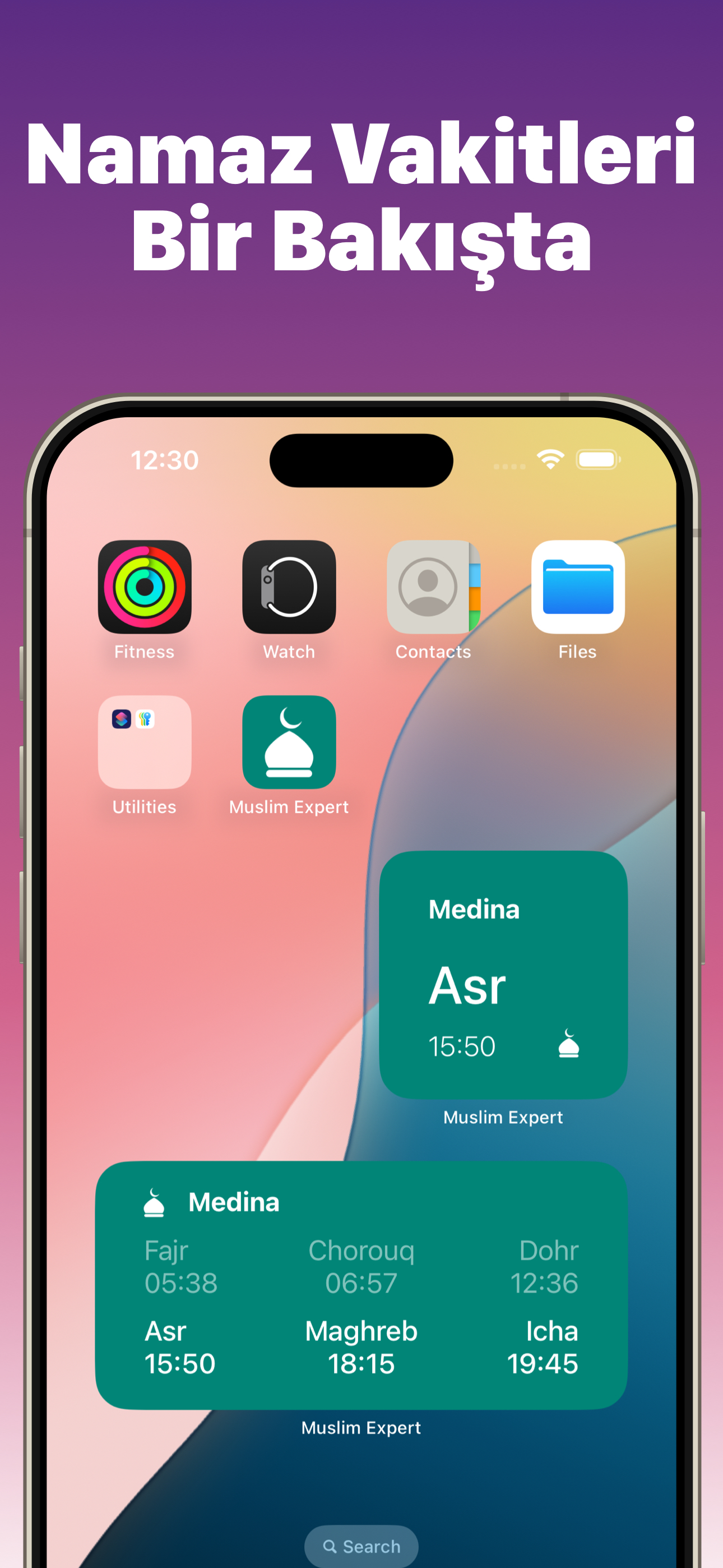 Muslim Expert iOS home screen widgets showing prayer times at a glance — Asr at 15:50 in Medina