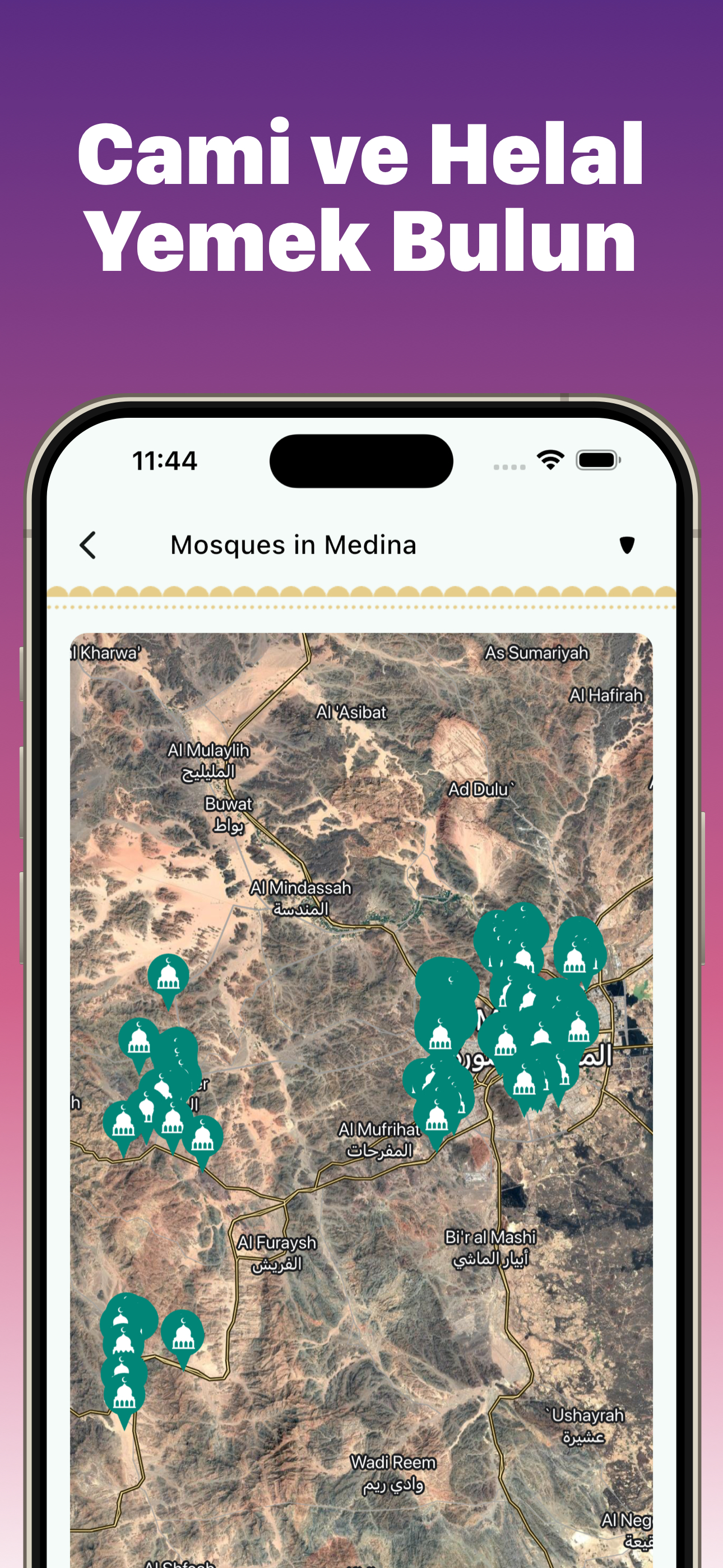 Muslim Expert mosque and halal restaurant finder map showing mosques near Medina